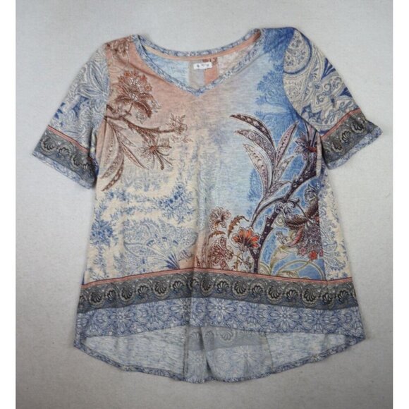 WESTPORT - WOMEN'S BLUE & PINK PRINT SHORT SLEEVE T-SHIRT SWEATER TOP - XL - Picture 1 of 7